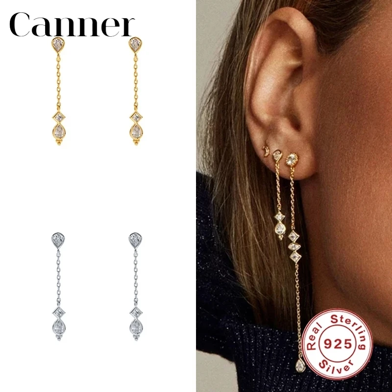 

Canner 100% 925 Sterling Silver Stud Earrings For Women Waterdrop Long Chain Earings Fine Jewelry Brincos Piercing pendientes W5