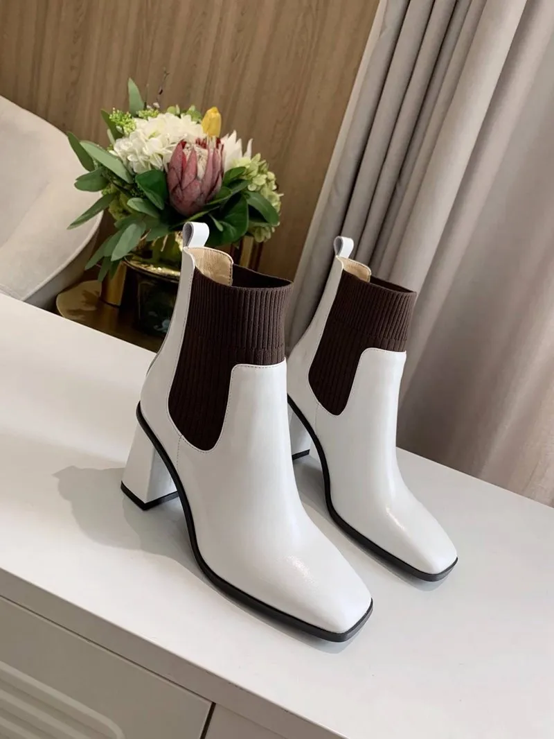 

Genuine Leather Woman Ankle Boots Square Toe High Heel Top Quality Ladies Shoes Luxury Designer 2020 New Zapatos De Mujer