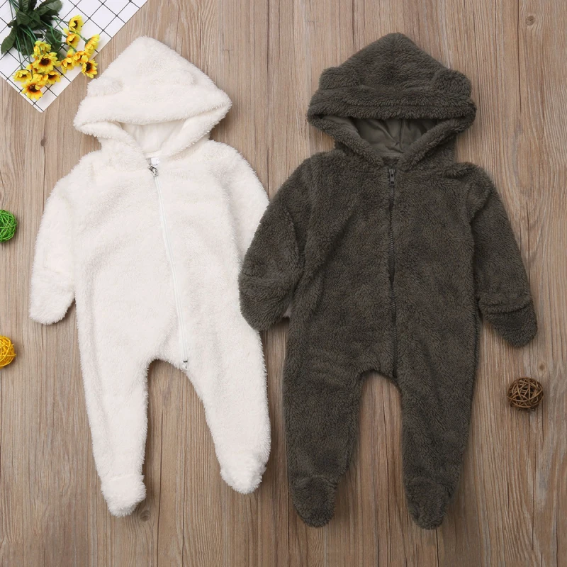 

Newborn Baby Girl Boy Fuzzy Fleece Plush Jumpsuits Winter Clothes Hooded Romper Bodysuit Jumpsuit Outfit 0-24M