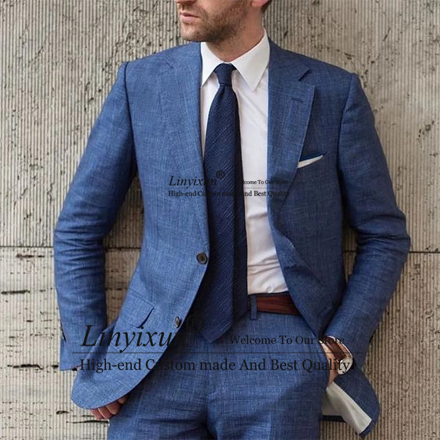 

Classic Linen Blue Men Suits For Wedding 2022 Slim Fit Groom Tuxedos 2 Pieces Fashion Male Prom Blazers Pants Outfit Ropa Hombre