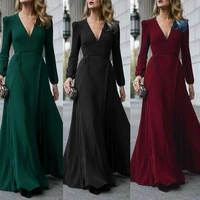 sexy v neck long sleeve formal maxi dress solid color bandage office ladies evening party prom gown women autumn dresses