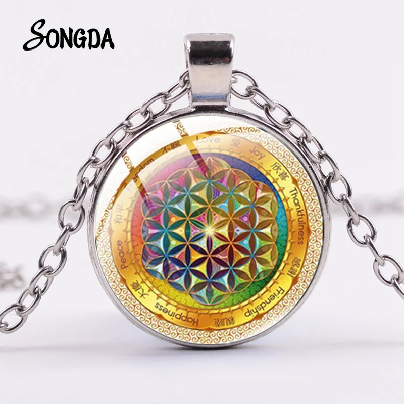 Flower of Life Necklace Mandala Meditation Buddhist Chakra Color Glass 