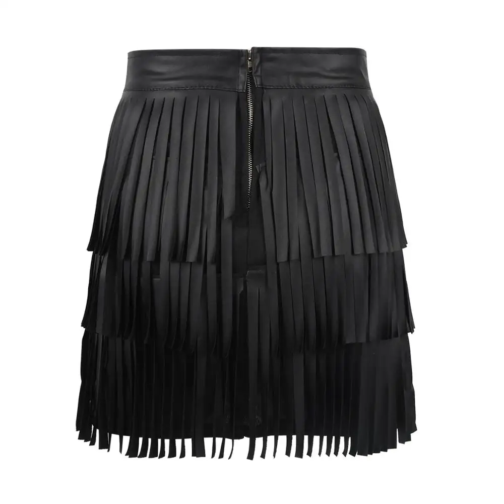 Женская кожаная юбка с кисточками высокая талия бахрома облегающий вечерний