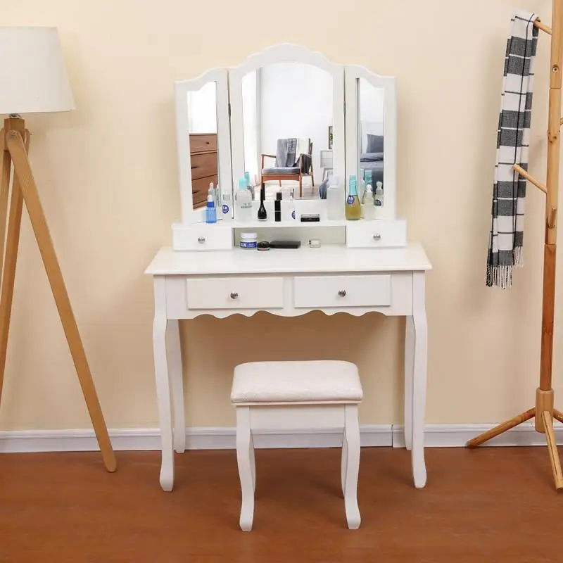 

European Style Dressing Table Princess Dressing Table Apartment Dressing Table White Dressing Table With Stool 3 Mirrors HWC