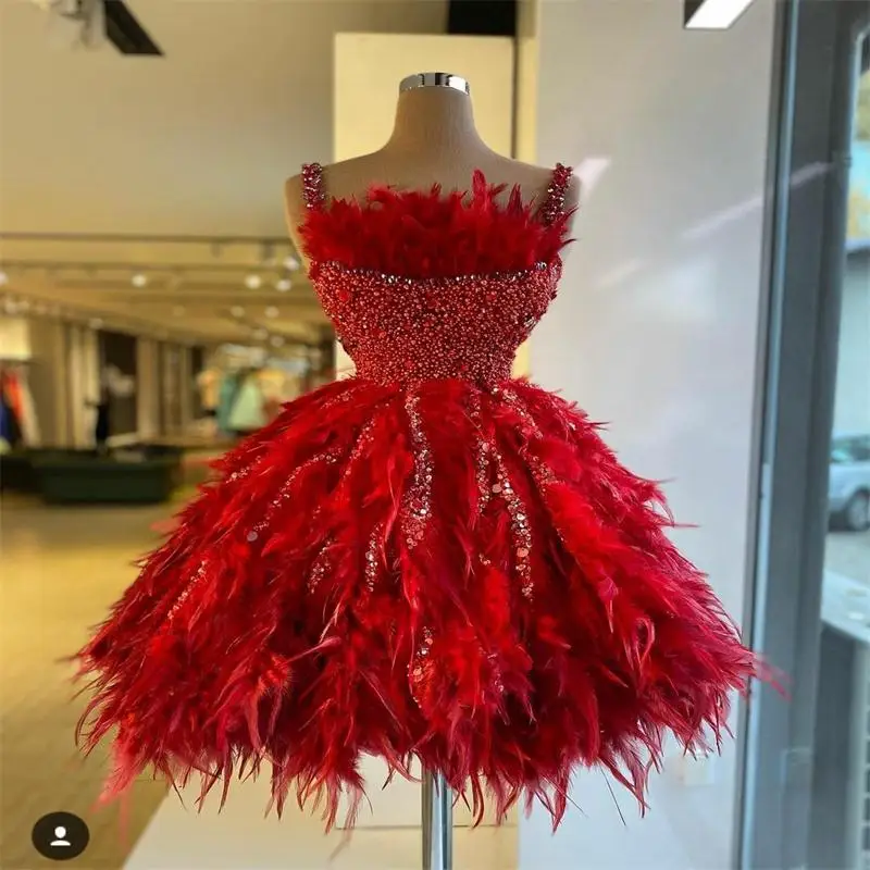 

Red Major Beading Pearls Mini Prom Dress Major Feathers Cocktail Party Dress A Line فساتين السهرة Ruffles Short Evening Gowns