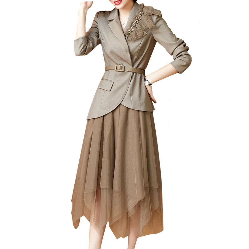 

DEAT 2021 New Spring And Summer Fashion Casual Long Sleeve Solid Color Turn-down Collar Slim Skirt Two Piece Suit Women SH591