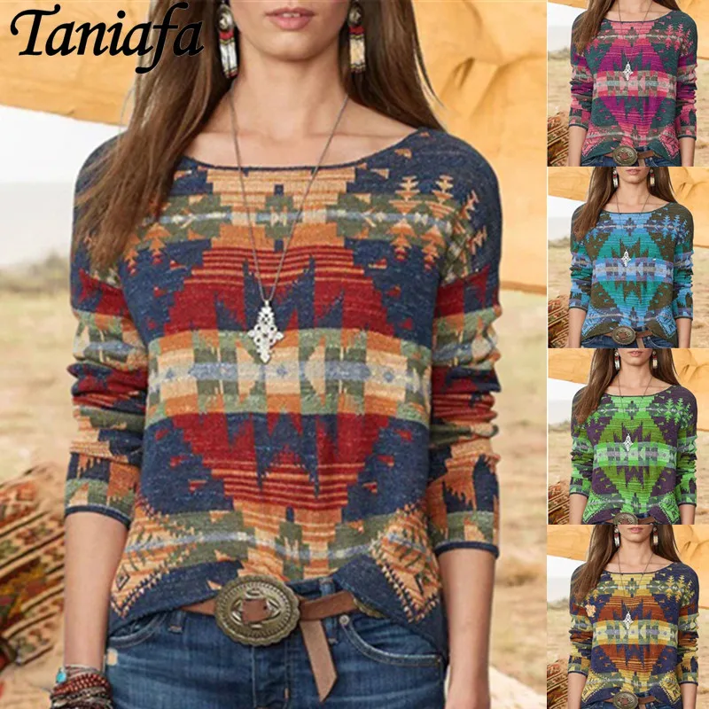 

Casual Fashion Ladies Knit Pullover Autumn Winter Women National Style Printed Long Sleeve Knitted Sweater Tops Plus Size
