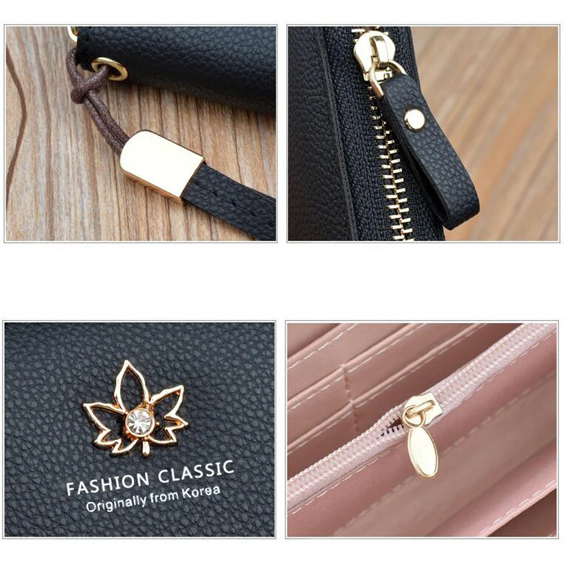 

Litchi grain Long Wallet Female Letters leaves zipper Bank card wallet large clutch fashion Lady purse notecase Women Wallets