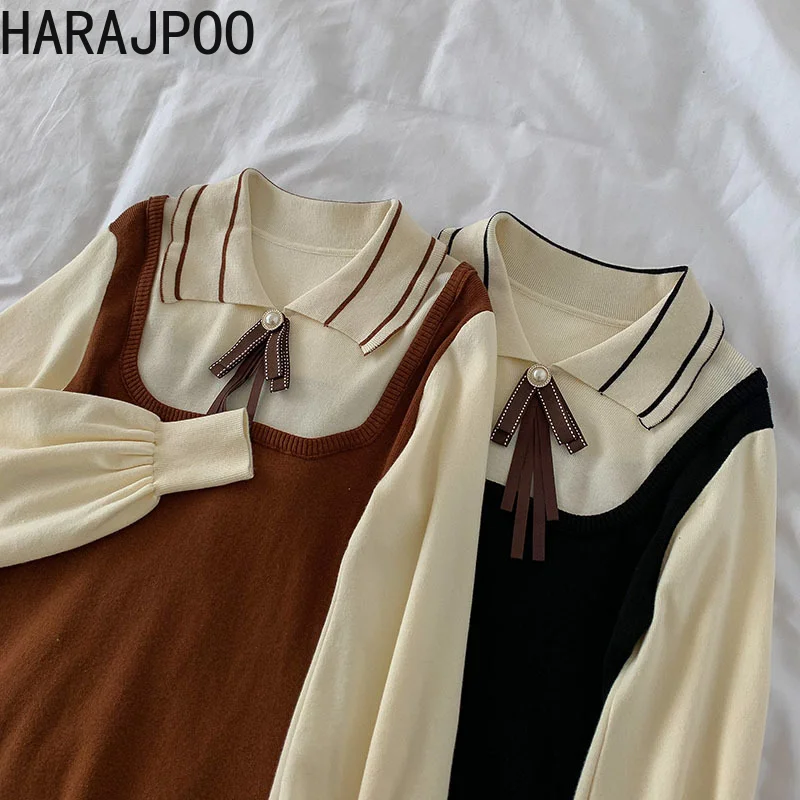 

Женское трикотажное платье-трапеция Harajpoo Y2k в японском стиле преппи из двух частей средней длины осень-зима 2021