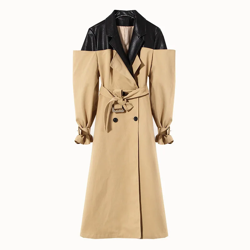 

SeeBeautiful PU Spliced Double Breasted Over Knee Loose Trench Coat Lapel Long Sleeve Belt New Fashion 2022 Winter Women G831