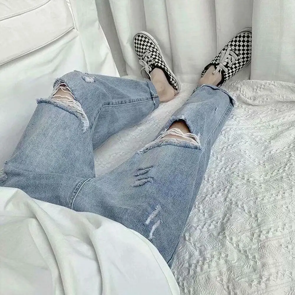 

MISSKY New Men's Jeans Pants Summer Spring Thin Loose Straight Wide-leg All-match Ankle-length Ripped Male Trousers