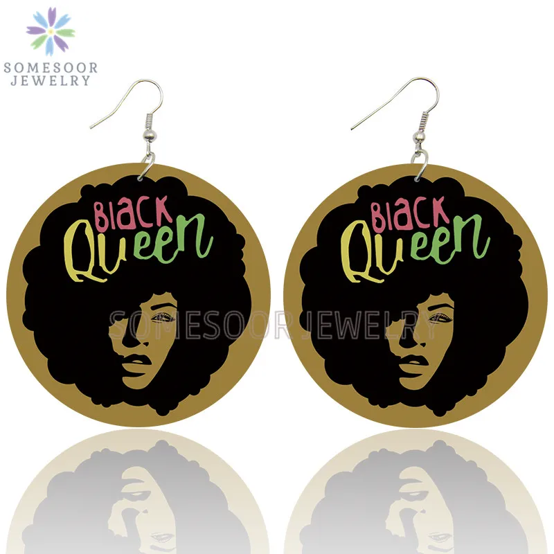 

SOMESOOR Black Queen Afro Natural Hair Wooden Drop Earrings Both Sides Printed African Ear Loops Dangle Jewelry For Women Gifts