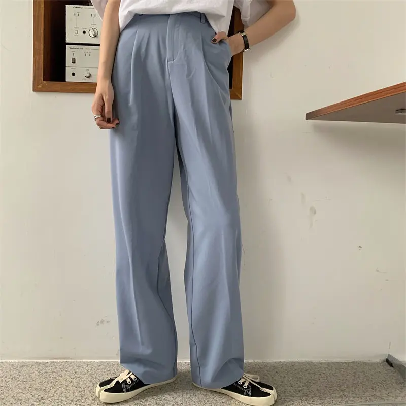 

HziriP Solid Light-Blue Loose Slim Large Size Hot Chic 2020 Straight Brief Casual OL Pants High Waisted Casual Student Trousers