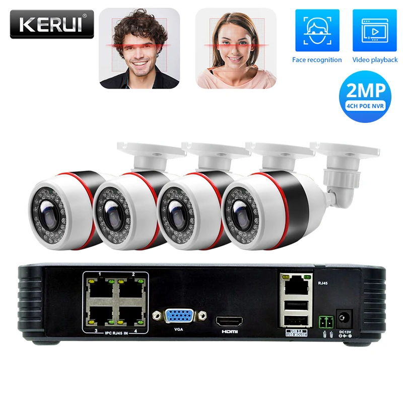 Камера видеонаблюдения KERUI 4 канала POE NVR 1080P 2 МП Full HD с поддержкой ONVIF|Система