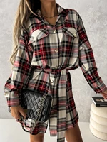 spring plaid womens shirt dress casual long sleeve lace up dresses female 2022 new loose streetwear fashion shirt clothes lady