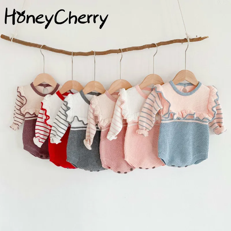 Осенние комбинезоны для девочек кружевные в полоску шерстяной цельный костюм