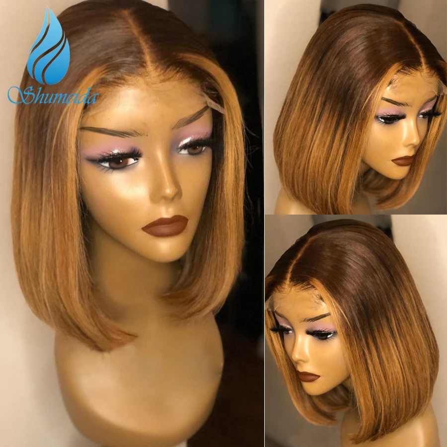 Ombre Brown13*6*1 Lace Front Human Hair Wigs For Women 150% Density Brazilian Remy Short BoB Wig with Baby | Шиньоны и парики