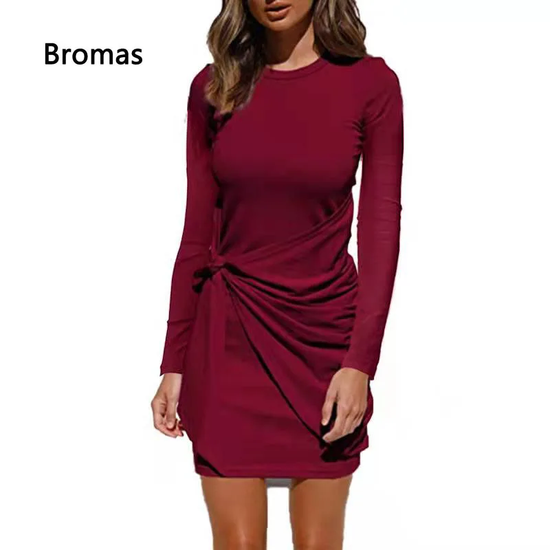 

New Women's Casual Long Sleeve Dress Solid Color Slim Folded Bowknot Belted Irregular Dress