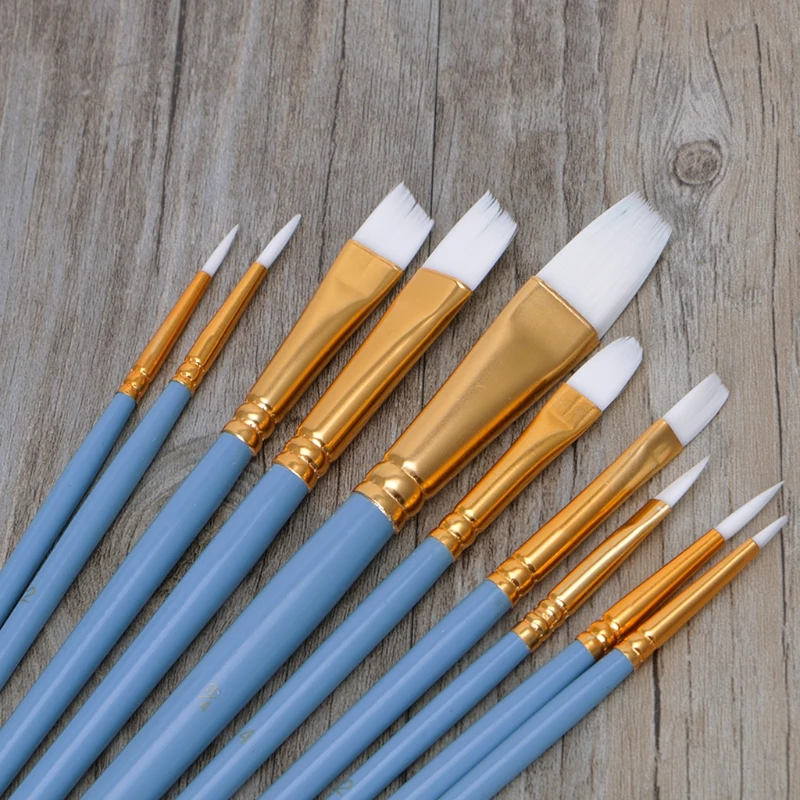 

10Pcs Blue Oil Gouache Watercolor Painting Nail Art Pen White Nylon Hair Brushes