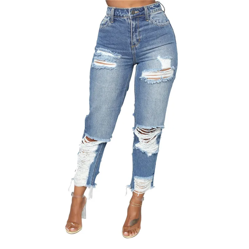 KALENMOS Casual Hole Ripped Jeans Women Sexy High Waist Denim Pants Retro Straight Praight Tassel Trousers Pockets Female | Женская