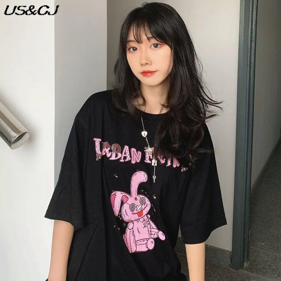

Short Sleeve Women 2022 Summer Korean Harajuku Loose Retro Rabbit Letter Printed T-shirt girl student Fashion Round Neck Top Y2K