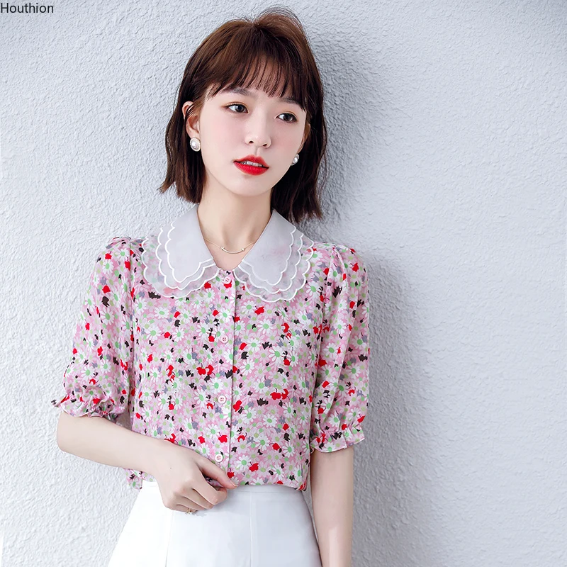 

Women's Blouses Printed Blouse Fashion Tops Casual Shirts Loose Chiffon Doll Collar Shirt Short Sleeve Top Korean New Summer
