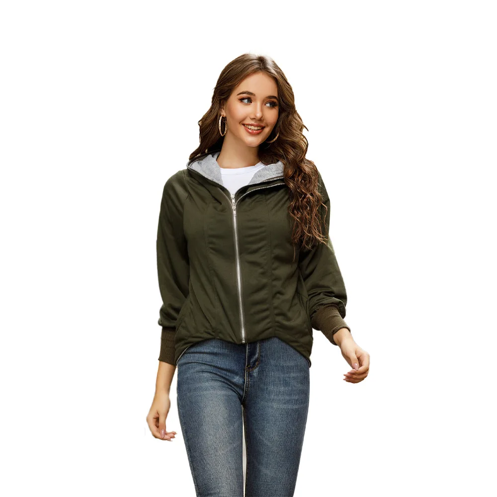 

Autumn and winter new leisure solid color double zipper hooded jacket women