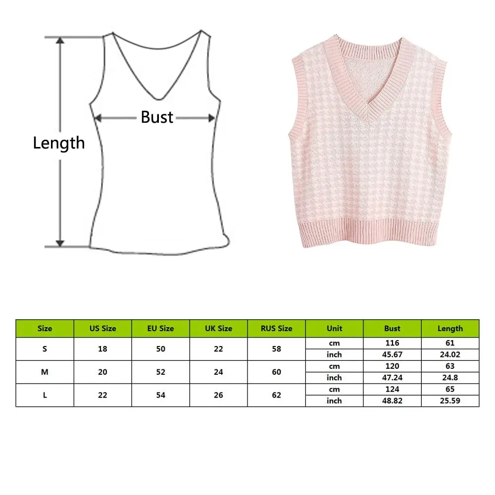 

Women Sweater Vest Autumn Knitted Houndstooth V-neck Sweater Fashion Oversized Sleeveless Female Vest Sweater Tops