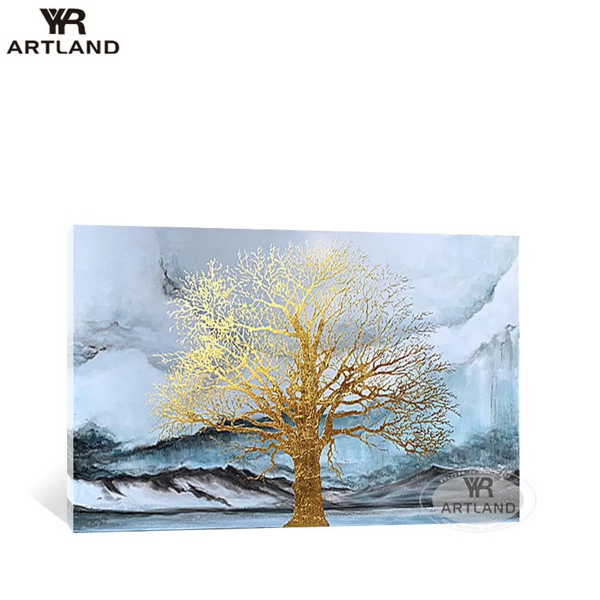 

Gold foil money tree for Christmas decoration Handmade acrylic oil painting on canvas wall art picture for living room sofa