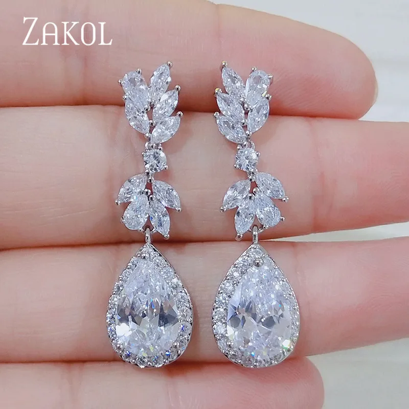 ZAKOL Роскошный белый Цвет капли воды Фианит циркон Кристалл Длинные висячие