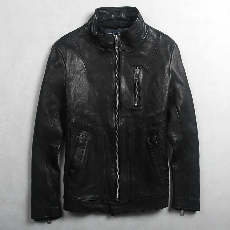

Men's fashion Avrexmen slim fit genuine leather jacket with front pocket black washed sheepskin real leather jacket men