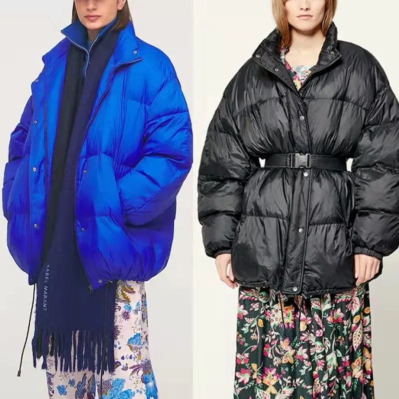 

2021 Winter New Belt Waist Blue Warm Pure Color Women Short Coat Cotton Coat