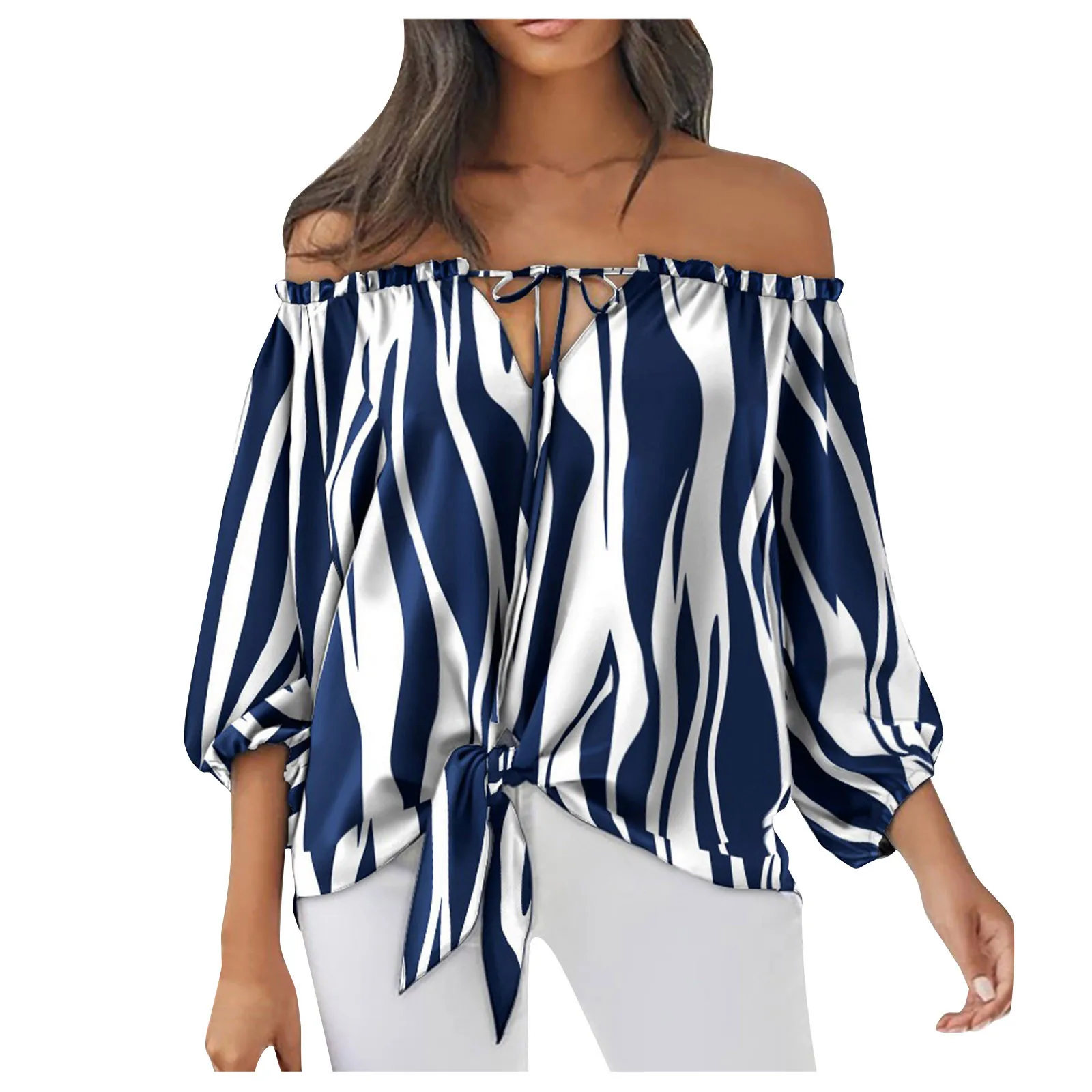 

Blouses Tops Sleeve Tie Neck Half Fashion Damskie Girl Shoulder Blouse V Striped Spicy Crop Bow Sweet Off Top Shirt Tunic Women