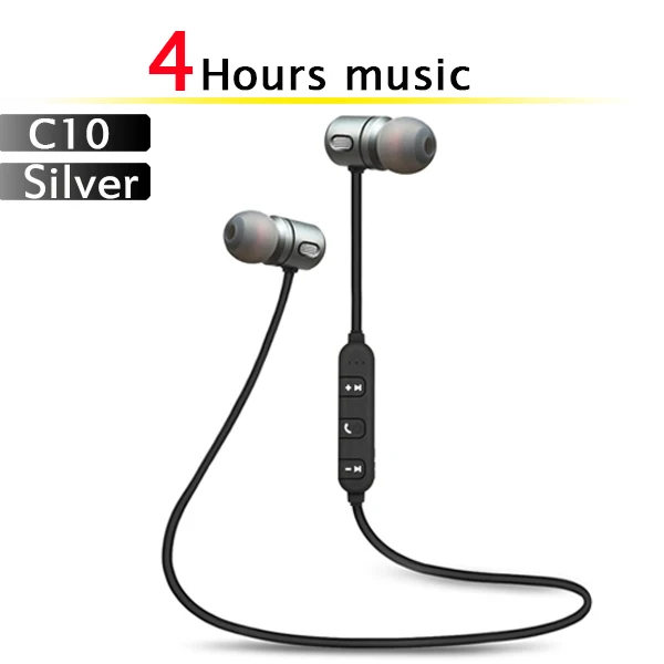 C10-Silver-4h Беспроводные Bluetooth наушники, спортивные магнитные наушники, задняя подвеска, Bluetooth гарнитура для мобильного телефона - Цвет: C10-Silver-4h