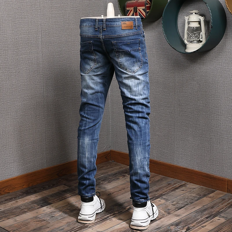 European American Vintage Fashion Men Jeans Retro Dark Blue Elastic Slim Fit Ripped Jeans Men Korean Style Denim Pencil Pants