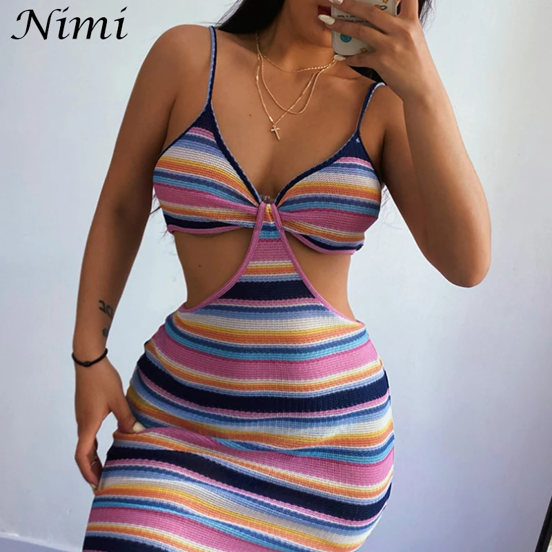 

Sexy Striped Knitted For Women 2021 Slip Dress Rainbow Colors Sleeveless Hollow Out Vestidos Patchwork Vetemznt Femme Mini Dress