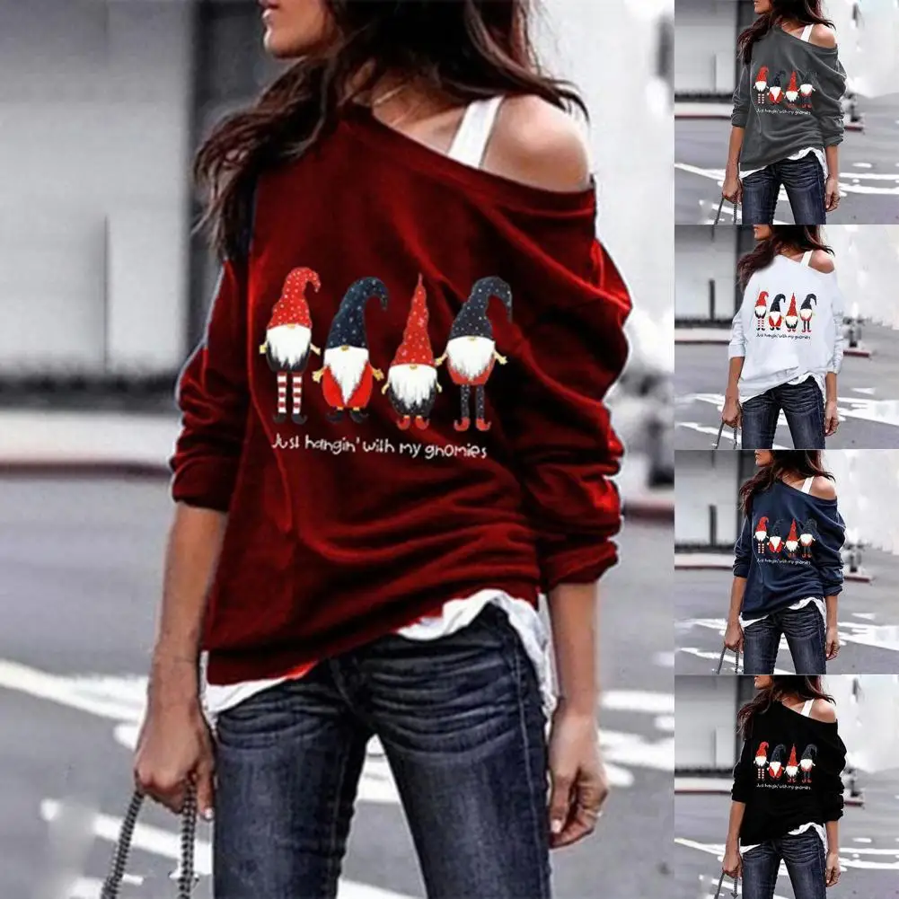 

Women's Sweatshirt Gnome Print Slash Neck Pullover Sweatshirt Autumn Winter Off Shoulder Long Sleeve Christmas Sweatshirt