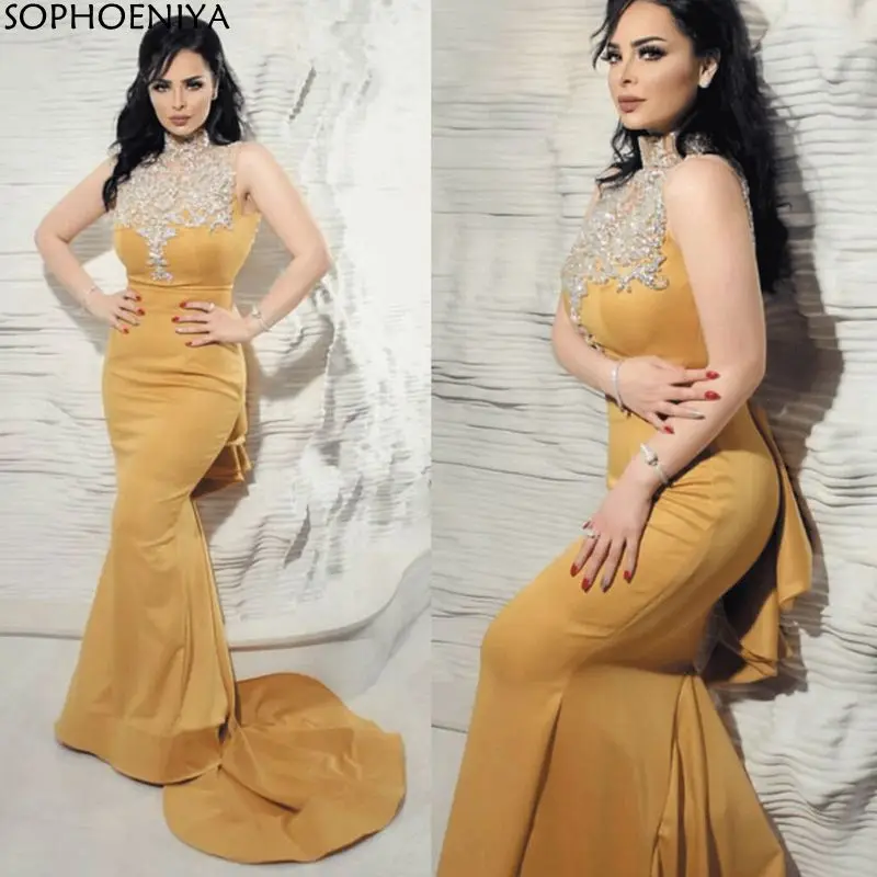

Elegant Robe longue High Neck Evening Dresses Long Mermaid Beaded Crystals Evening Gown Robe de soiree