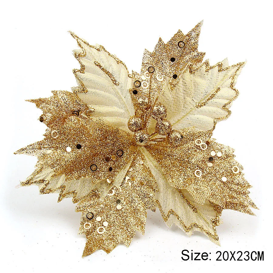 

Glitter Golden Gauze Plastic Christmas Flower for Christmas Tree Decoration Ornaments Fake Flowers Home Window Decoration Layout