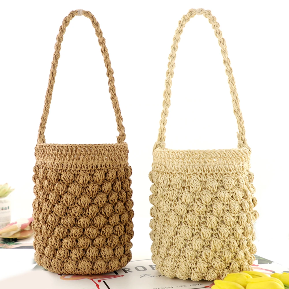 

Summer Beach Portable Shoulder Bag Women Fashion Mini Bucket Woven Straw Handbag Drawstring Ladies Top-handle Pouch