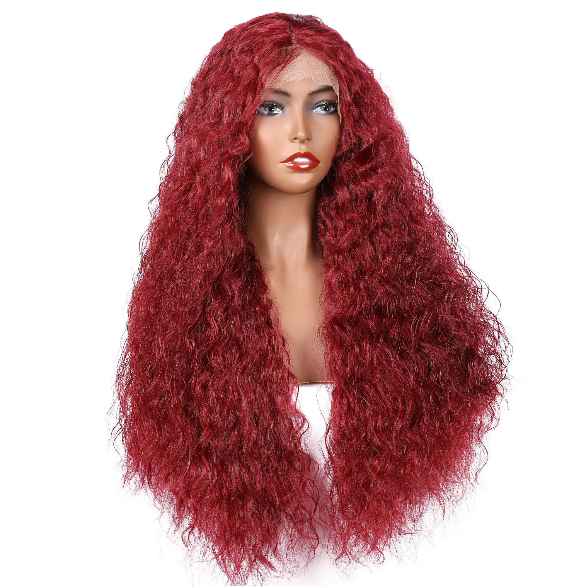 

26Inch 180%Density Burgundy Long Curly Synthetic Lace Front Wig For Women With Baby Hair Heat Resistant Fiber Hair Daily Wigs