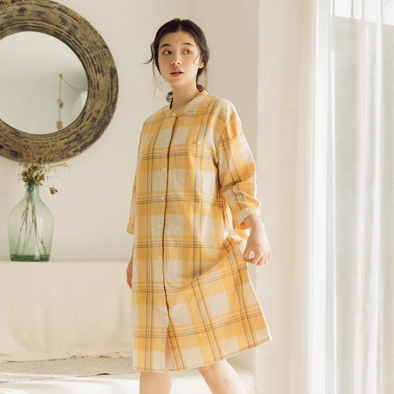 

Plaid Shirt Nightdress 100% Cotton Double-deck GauzNight Wear Loose Home Dress Women Sleepwear Honeymoon Nightdress Indoor Dress