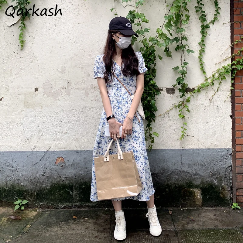 

Dress Women Sweet Short Sleeve Students Blue Floral Retro V-neck Hipster Buttons Mid-calf Chiffon Thin Soft Street Holiday Girls