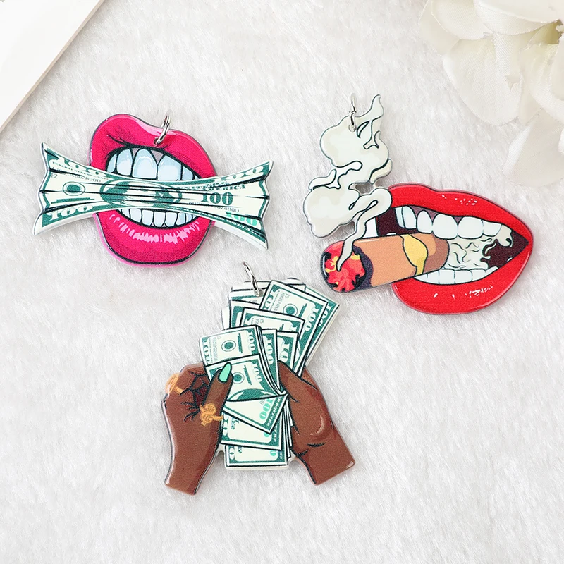 

6Pcs Sexy Lipstick Smoking Charms Acrylic Lips Biting Money Cash Rich Pendant Jewlery Findings For Earring Necklace Diy