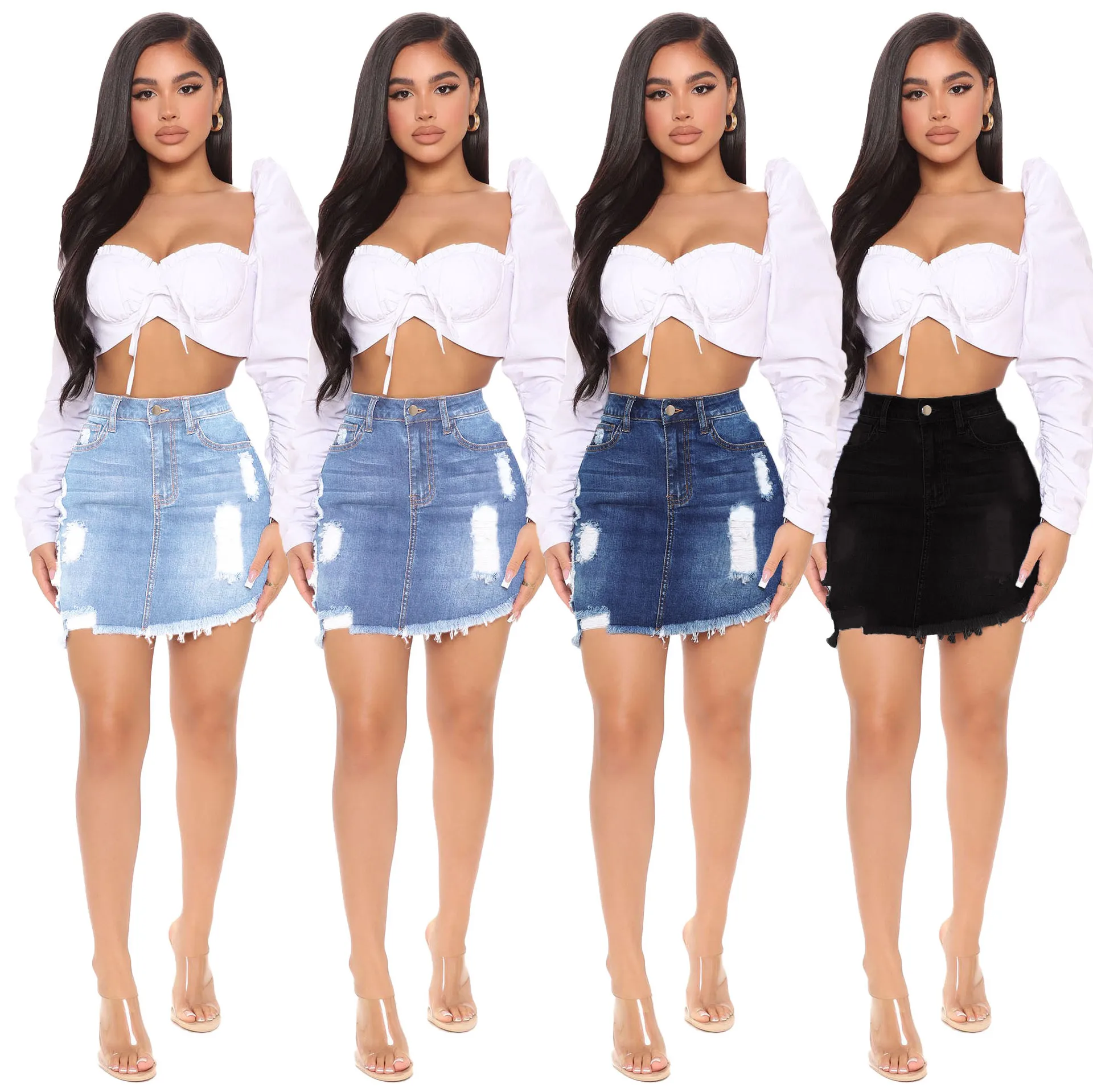 

Chiclover Women Bottoms Wholesale Sexy Bodycon Distressed Holed Mini Skirt High Waist Irregular Hem Denim Skirts Dropshipping