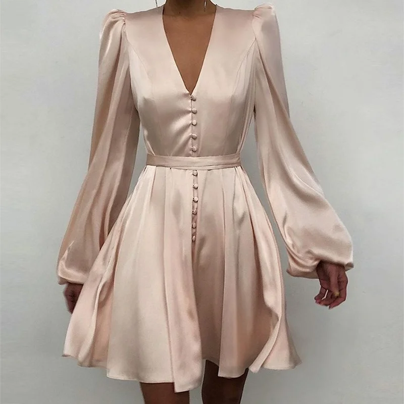 

2022 New Spring Satin Dress Sexy V Neck Button Lantern Long Sleeve A Line Party Dress Fashion Slim Short Prom Dresses Vestido
