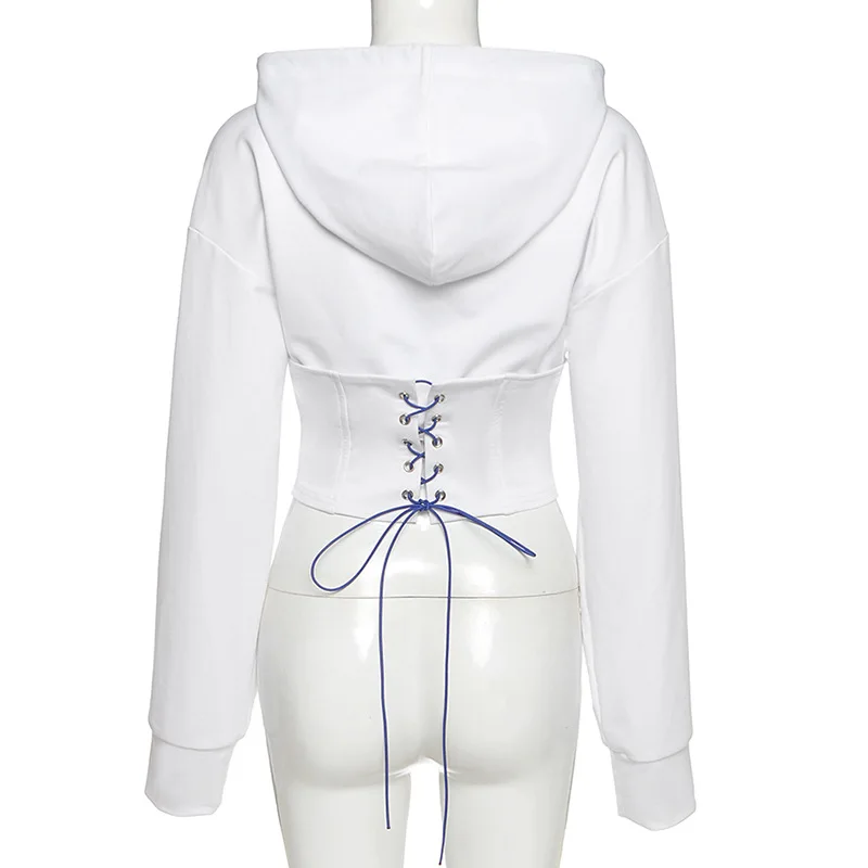 

Casual Slim Drawstring Cropped White Hoodie Women Tie Up Bandage High Waist Long Sleeve Top Sweatshirt Sweat Capuche Femme