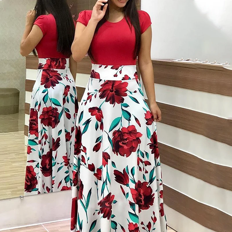 

Formal Clothes Elegant Maxi Dress Tight High Waist Floral Print Dress Patchwork Sukienka Plus Size 5xl Dress Party Short Sleeve