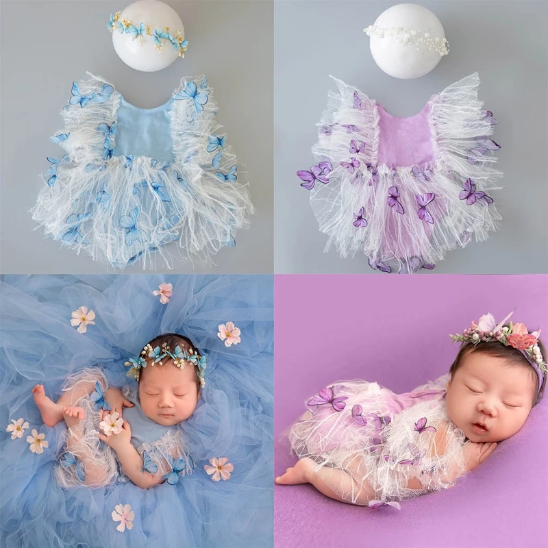 

2 Pcs/Set Cute Baby Girls Bow Dress with Headband Photography Props Outfits Infant Lace Sweet Princess Clothing Newborn