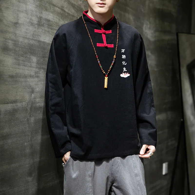 Хлопок лен плюс размер пуловер футболки вышитый кунг-фу тай-чи костюм мастера